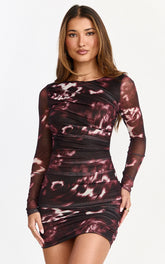 Zita Mini Dress - High Neck Long Sleeve Bodycon Mesh Dress in Botanical Haze