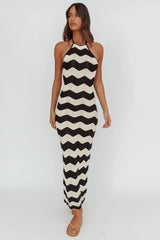 Yelena Halter Neck Knit Maxi Dress Zig-Zag Cream