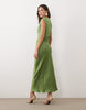 Satin High Neck Pleated Bodice Midi Dress In Green