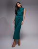 Satin High Neck Pleated Bodice Midi Dress In Teal