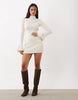The Frolic Exclusive High Neck Fluted Sleeve Embellished Detail Knitted Mini Dress In Cream