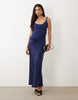 Deep Scoop Neck Maxi Dress With Asymmetric Draped Skirt Overlay In Navy