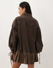 Hybrid Cord Shirt Mini Dress With Balloon Sleeve And Voile Hem In Washed Chocolate