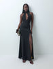 Mandarin Sleeveless Maxi Dress With Embellished Clasp In Black