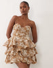 Asos Luxe Textured Floral Embroidered Tiered Mini Dress In Brown