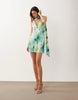 Printed Plisse Mini Dress With Scarf Detail In Blue Floral