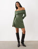 Kaiia Exclusive Knitted Extreme Foldover Bardot Flare Sleeve Mini Dress In Khaki