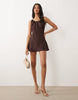 Bias Cut Scoop Neck Low Back Satin Mini Dress In Chocolate