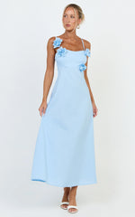 Ondine Midi Dress - 3D Flower Strappy Dress in Blue