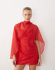 High Neck Drape Front Extreme Cape Sleeve Mini Dress In Red