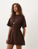Short Sleeve With Cinched Waist With Lace Hem Mini Dress In Brown