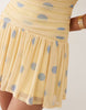 Printed Polka Dot Ruched Drop Waist Circle Mini Dress With Grown In Neck In Lemon And Blue