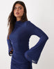 Mesh Mini Bodycon High Neck Long Sleeve Ruched Dress With Exaggerated Sash Detail In Navy