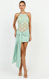 Nerissa Mini Dress - Crochet Floral Embellished High Neck Wrap Tie Skirt Dress in Sage