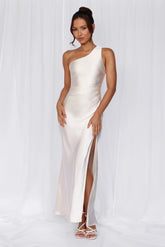 123 PROM The Aurora One Shoulder Satin Maxi Dress Pearl