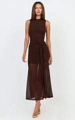 Jaimae Midi Dress - High Neck Side Knot Detail Mesh Dress in Chocolate