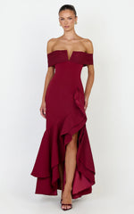 Vienna Maxi Dress - Off Shoulder Ruffle Hem Dress in Wine