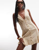 V Neck Mini Button Down Mini Dress With Lace Trims And Godets In Antique Cream