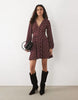 New Look Long Sleeve Empire Waist Detail Mini Dress In Burgundy Polka Dot