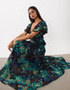 Full Hem Ruffle Maxi Dress With Trim Detail And Open Back In Black Floral