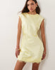 Slash Neck Satin Mini Dress With Lace Hem In Soft Yellow