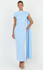 Visenta Midi Dress - Asymmetrical Sleeve Dress in Blue