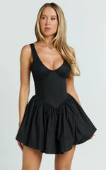 Ashlyn Mini Dress - Scoop Neck V Waist Gathered Dress in Black
