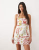 Square Neck Structured Cotton Mini Sundress In Mixed Strawberry Print