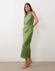 Satin High Neck Pleated Bodice Midi Dress In Green
