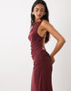 Mesh Slash Neck Gathered Detail Maxi Dress In Burgundy