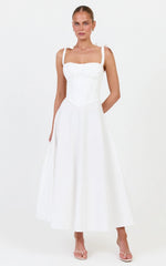 Vionette Midi Dress - Tie Shoulder Ruched Bust Corset Dress in White