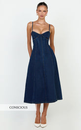 Prisha Midi Dress - Recycled Denim Fit and Flare Dress in Indigo Wash