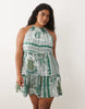 Curve Halter Neck Tiered Mini Sundress With Chunky Binding In Mixed Blue Print