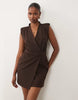 Belted Wrap Mini Dress With Shoulder Pad In Chocolate Scuba-Style Fabric