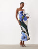 Satin Bandeau Maxi Dress In Abstract Art Print And Contrast Lining