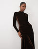 Bardot Velvet High Neck Long Sleeve Ruched Detail Godet Maxi Dress In Chocolate