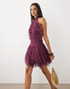 Lace & Beads Tulle Halter Ruffle Detail Tiered Mini Dress In Magenta Purple