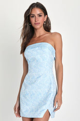 Delicate Destiny Light Blue Jacquard Strapless Mini Dress