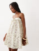 Cotton Tie Front Babydoll Dress In Ivory Smudge Ditsy Print