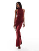 Mesh Twist Bust Detail Halter Maxi Dress With Tie Back Neck In Wine