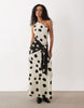 One Shoulder Polka Dot Maxi Dress In Beige
