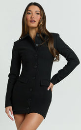 Belle Mini Dress - High Neck Collar Long Sleeve Button Front Fitted Shirtdress in Black