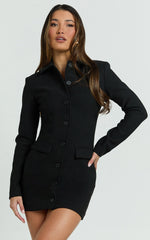 Belle Mini Dress - High Neck Collar Long Sleeve Button Front Fitted Shirtdress in Black