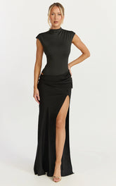 Grace Maxi Dress - Cap Sleeve Asymmetric Split Dress in Black