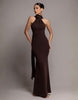 Goddiva Sculpting Stretch Jersey & Velvet Satin Halterneck Maxi Dress With Back Sash In Brown