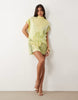 Printed Spliced Polka Dot Asymmetric Blouson Mini Dress With Angel Sleeve In Lemon