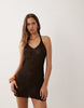 Miss Selfridge Crochet Halter Mini Dress In Chocolate Brown