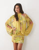 Printed Mesh Floral Dropped Waist Blouson Tie Neck Mini Dress In Chartreuse