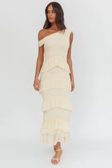 Anaisa Asymmetric Neckline Frill Maxi Dress Cream
