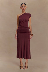 Chloe Peached Jersey One Shoulder Midi Dress - Mahogany